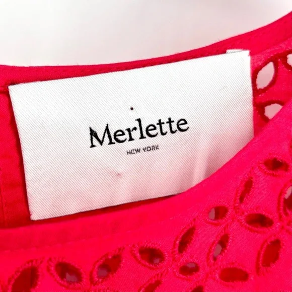 Merlette NY Paradis Eyelet Tiered Midi Dress Sz XXL Pink 100% Cotton Puff Sleeve